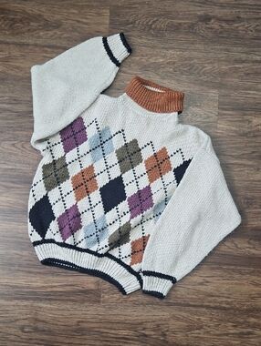 Vintage Midnight Blues Argyle Mock Neck Sweater Large